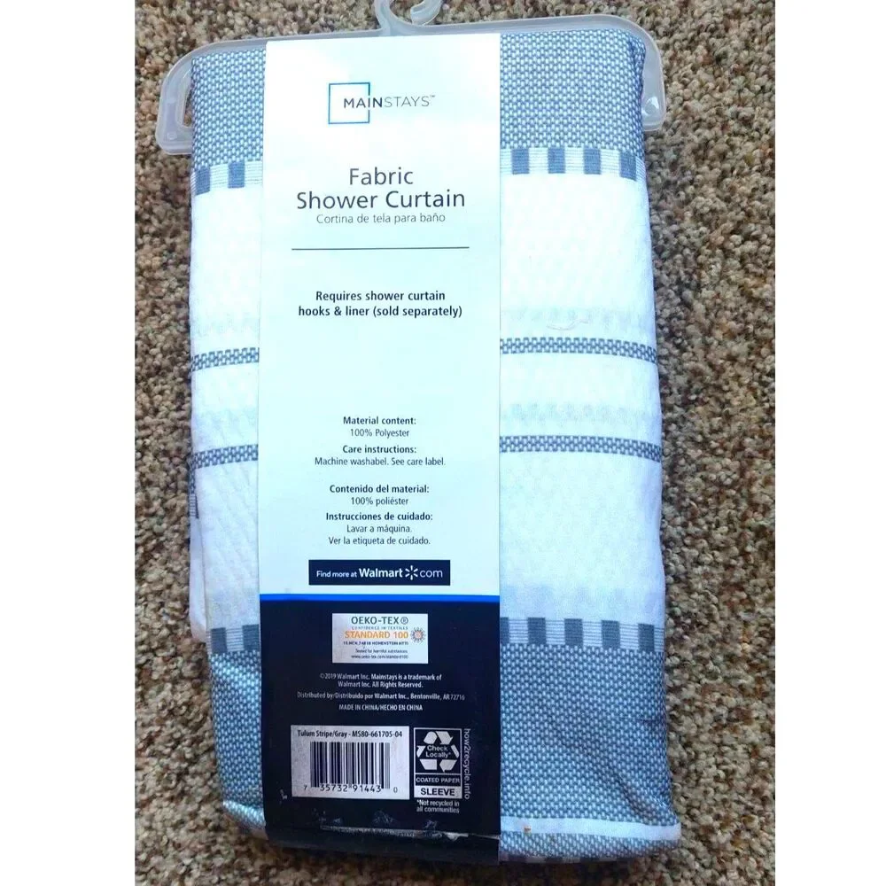 Mainstays Gray White Fabric Shower Curtain 70x72 Modern Stripe Bathroom NIP
